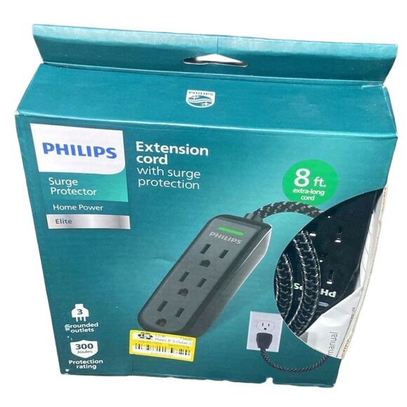 Philips 8ft Extension Cord 3-Outlet Surge Protector Power Strip Elite Black - Picture 1 of 4